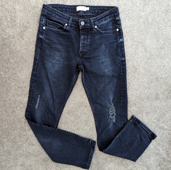 TOPMAN Men's Distressed Jeans Size 30 Dark Blue Denim Pants - Picture 2 of 10